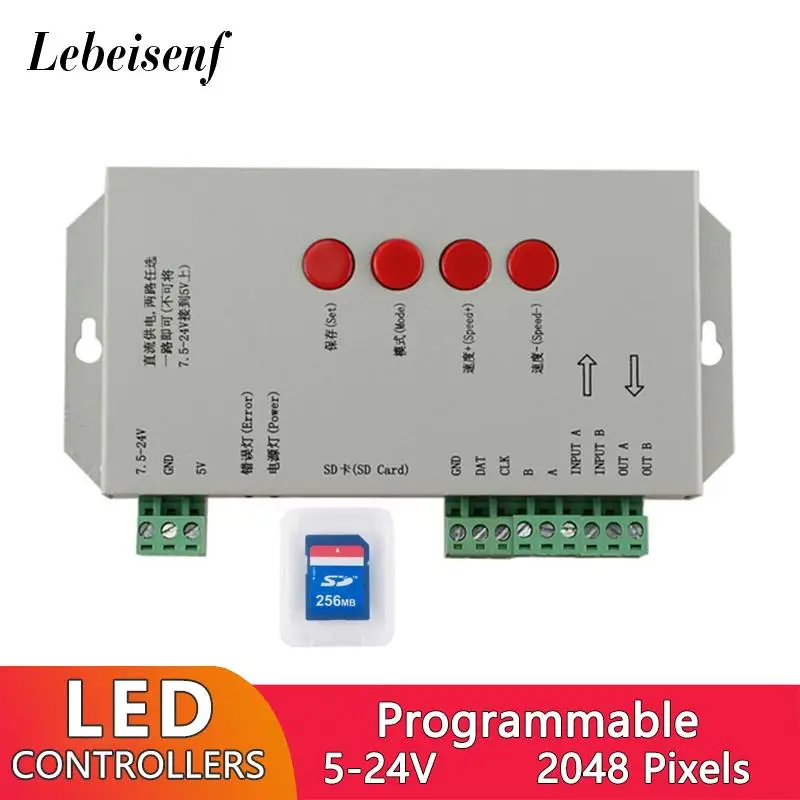 T-1000S LED RGB Full Color Programmable 2048 Pixel Controller with SD Card for WS2811 2812B 1903 IC Addressable 5-24V LED Lights