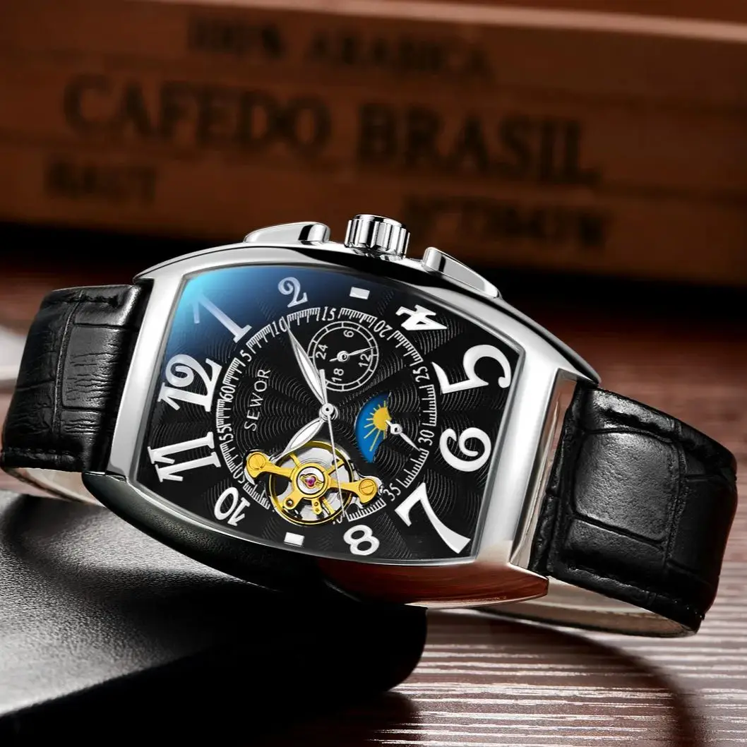 ساعة SEWOR Tonneau الهيكل العظمي للرجال مضيئة الأيدي توربيون ساعات آلية أوتوماتيكية حزام من الجلد ساعات المعصم التجارية