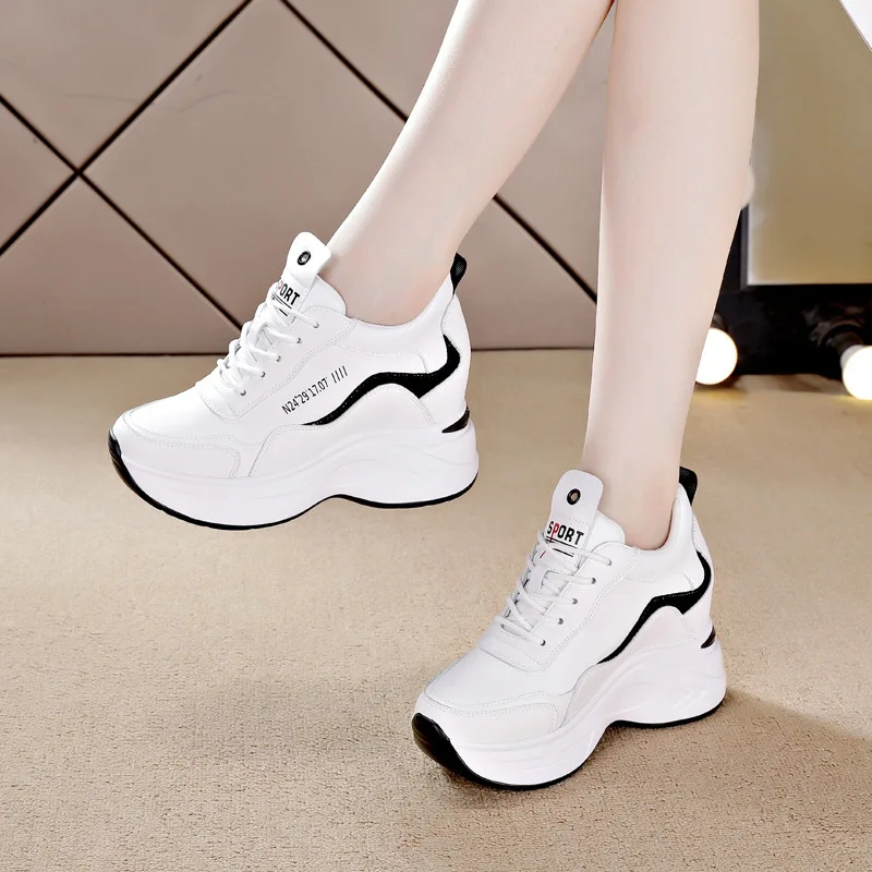 Women Leather Platform Sneakers Spring Trainers White Shoes High Heels Wedge Outdoor Sport Shoes Breathable Casual Shoes New