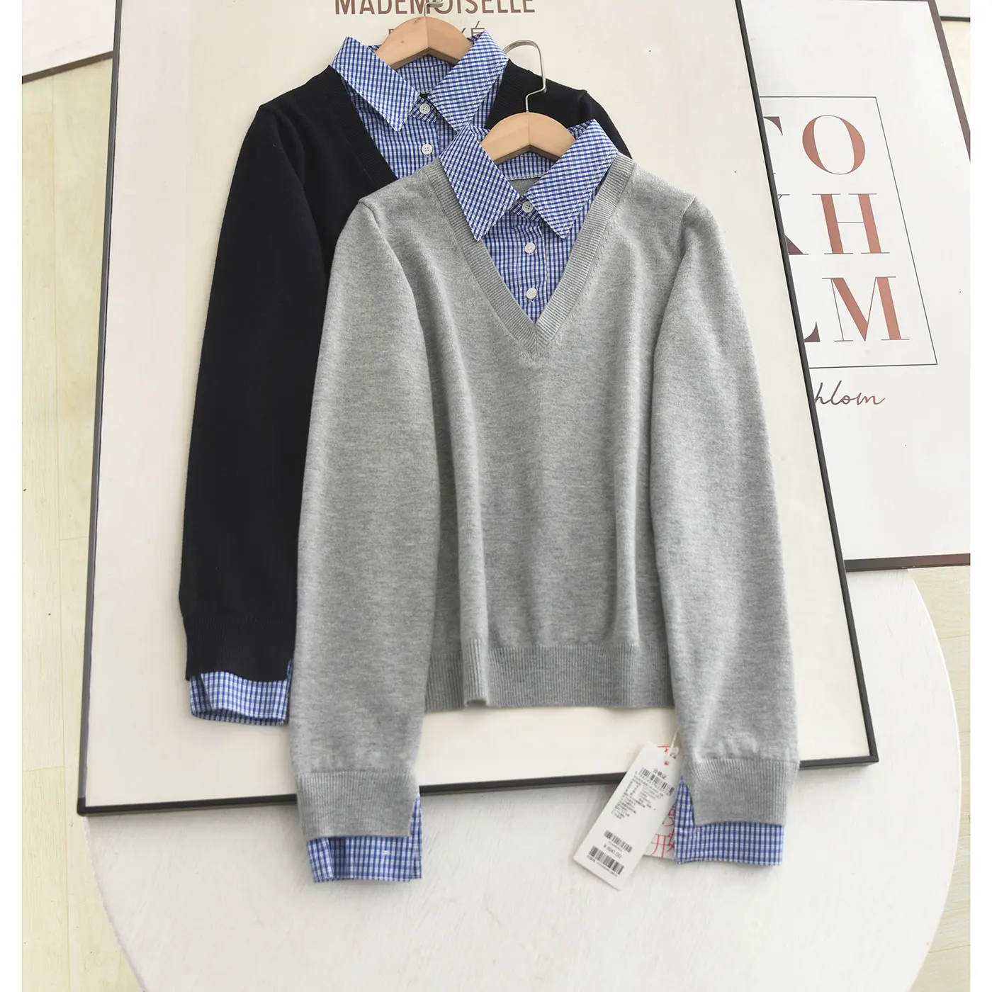 

Вязаный свитер с эффектом похудения, с воротником, удобный для повседневной носки, женский, с пэчворк-дизайном, длинный рукав, стандартная длина