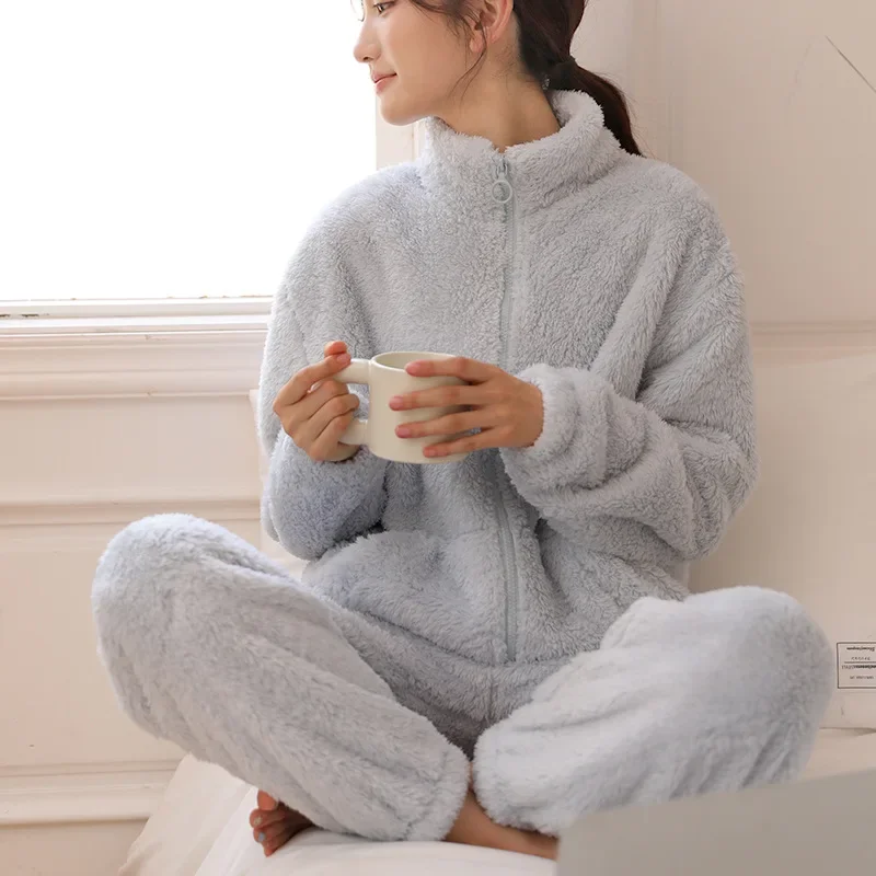 Winter Warm Coral Fleece Women Pajamas Set Thickened Flannel Long Sleeve High Collar Trouser Pijamas Suit Loose Flannel Homewear