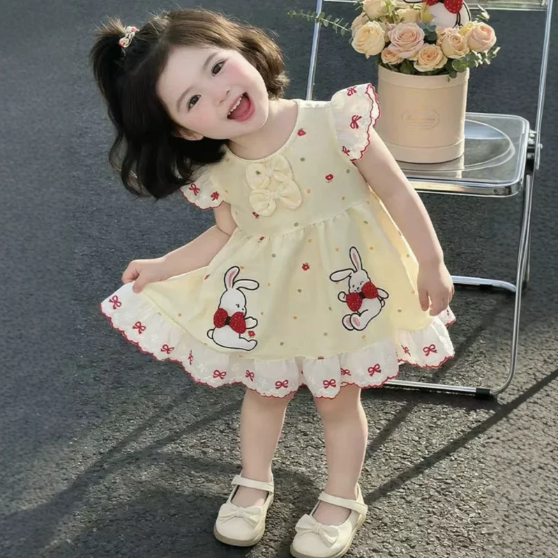 Children's clothing, girls' dress, summer baby girl cartoon bunny bow single-layer cotton princess dress