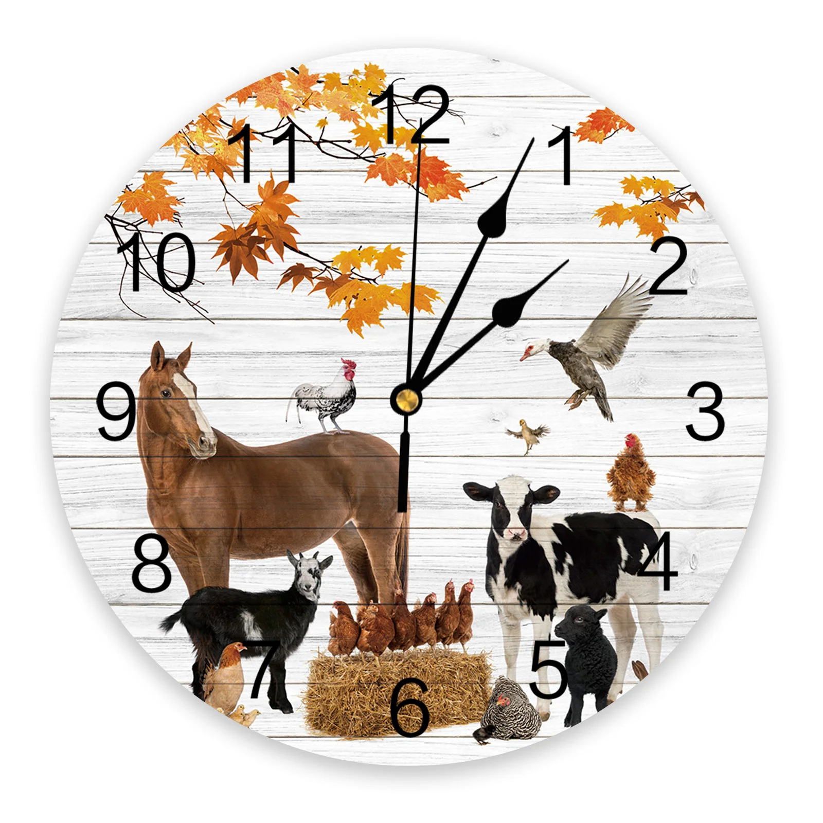 Autumn Horse Cow Deciduous Wood Grain PVC Mute Wall Clock Wall Decor Living Room Digital Round Clock Printed  Clocks Table Watch