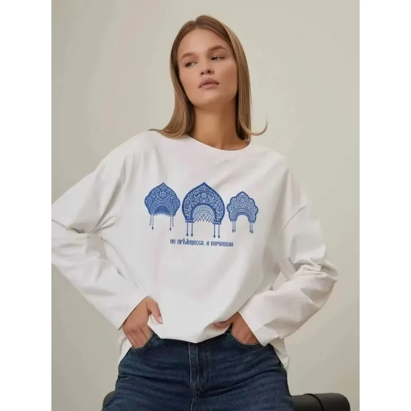 Russian Ethnic Style Print Oversized T Shirt Women O-neck Long Sleeve Loose Sweatshirt Casual Russian Style Fashion Tops