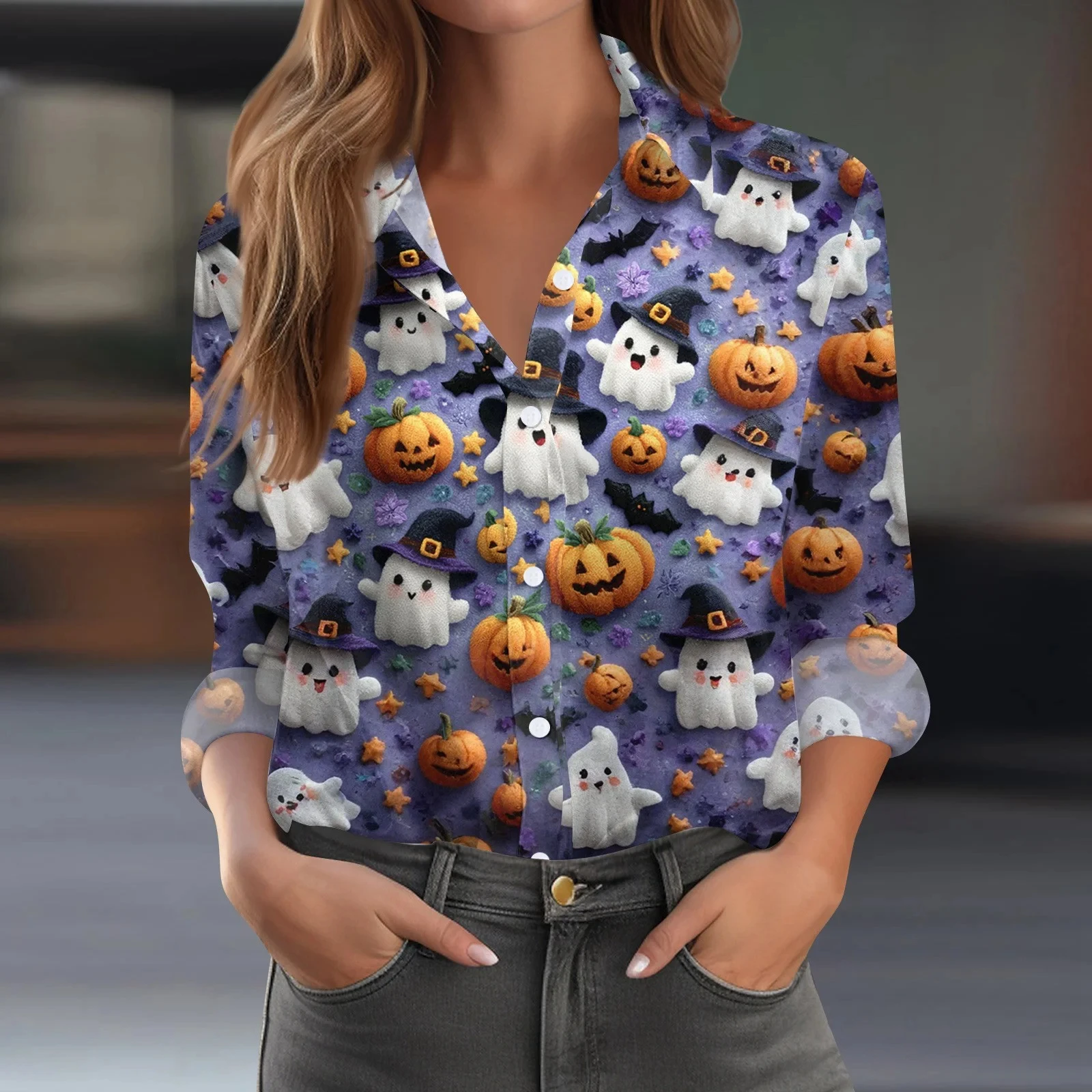 

Женская рубашка на пуговицах с длинными рукавами на Хэллоуин и милым призрачным тыквой с 3D принтом, женская одежда, идеально подходящая для праздничных топов