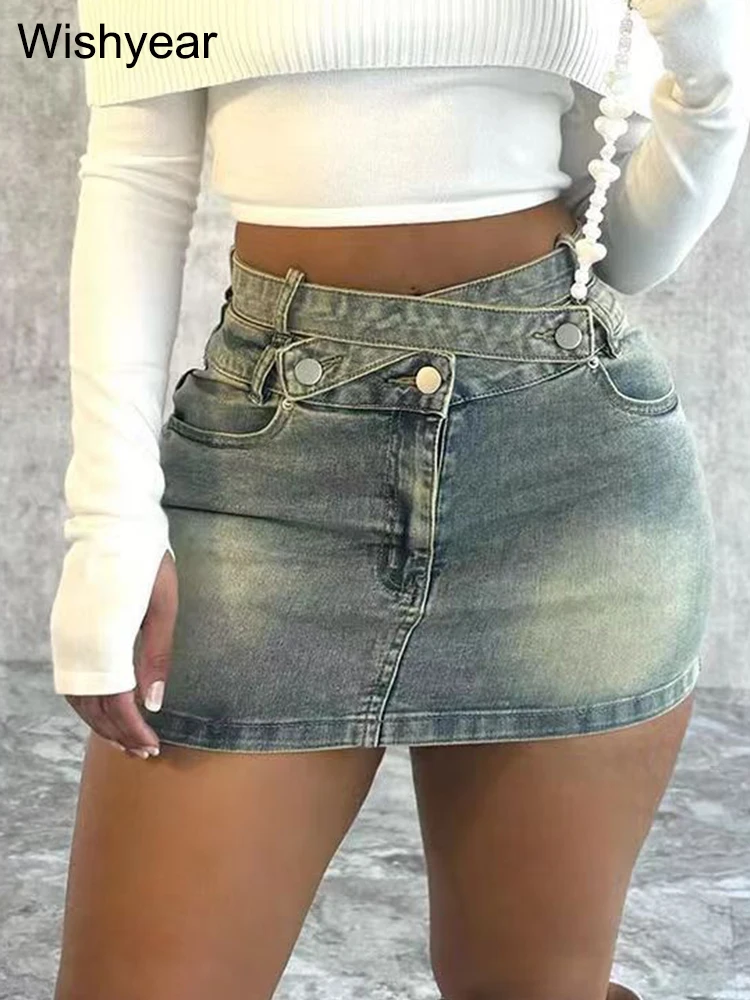 

Fashion All-match Blue Denim Mini Skirts for Women Sexy Criss-cross Cool Hotsweet Vintage Creativity Stretch Jean Dress Harajuku