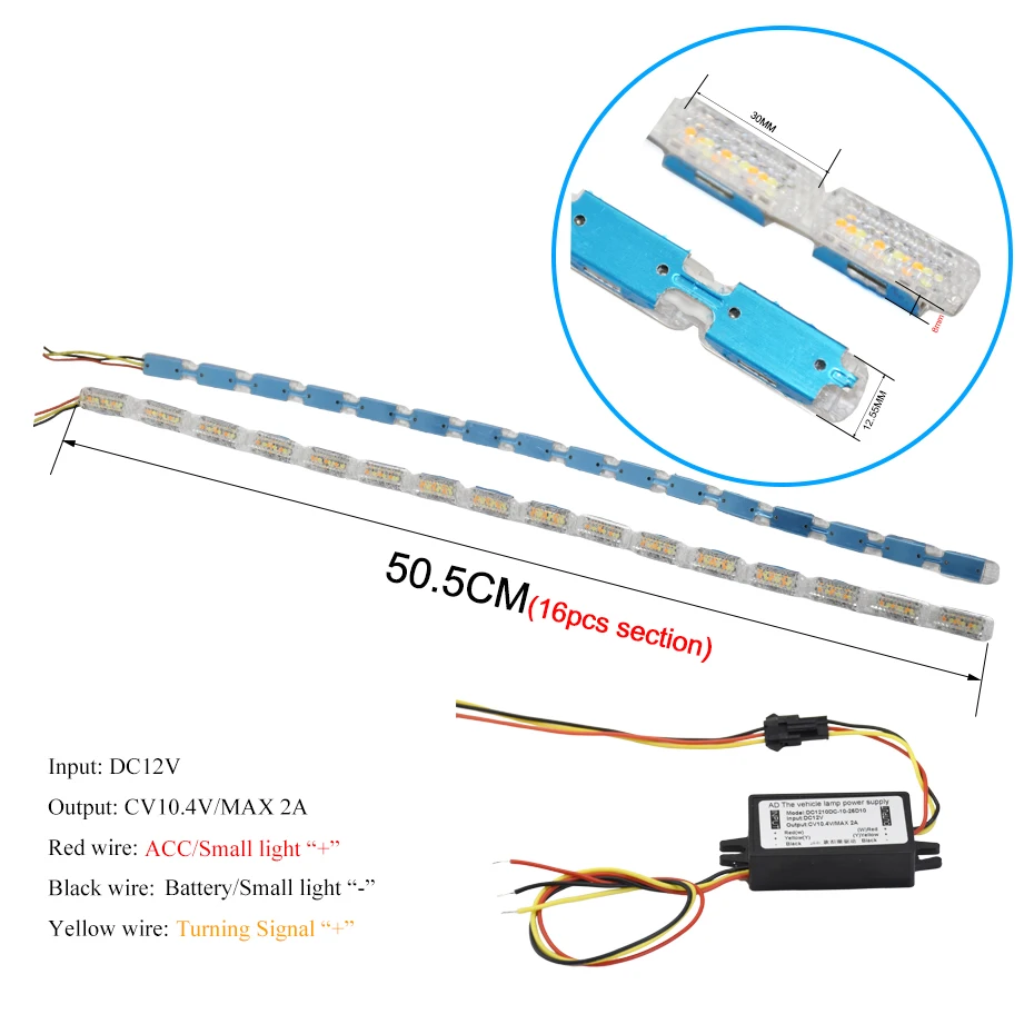 RONAN 12V Daytime Running White Switchback to Yellow Double Flowing Light DRL 50CM for Car Headlight