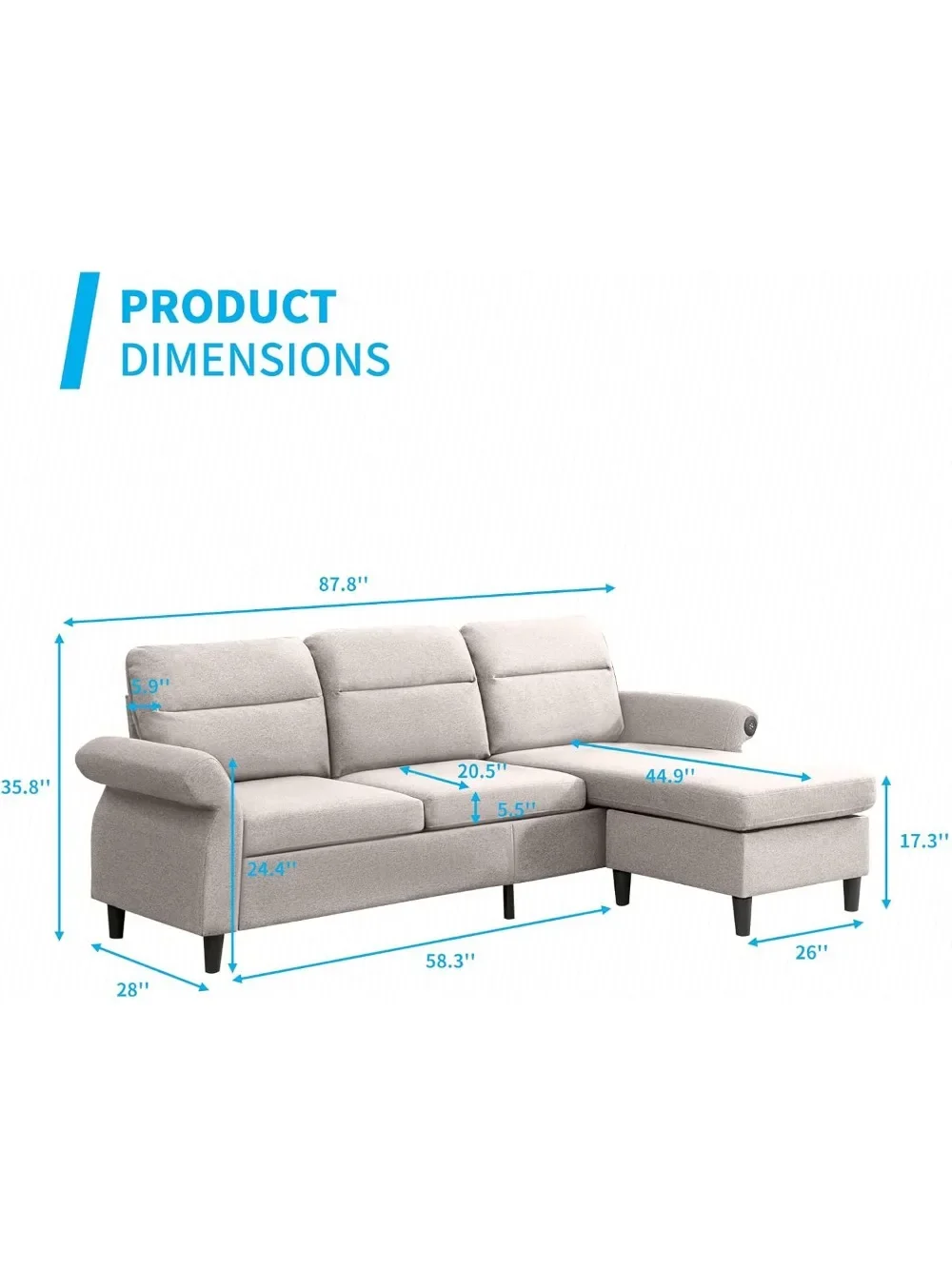 Convertible Sectional Sofa Couch, 3 Seat Sofas with 2 USB Ports and Adjustable Armrest, L Shaped Couch with Reversible Chaise