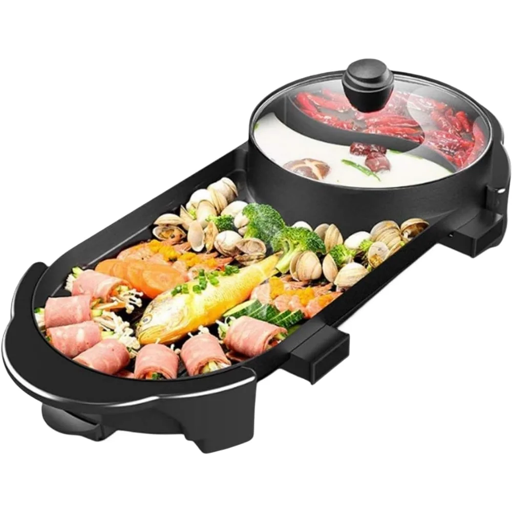 

Hot Pot with Grill, Korean BBQ Grill Indoor Hotpot Pot Electric Combo, Shabu Shabu Pot with Divider KBBQ Grill Smokeless