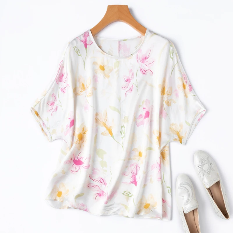 Women Silk T-shirt 100% Mulberry Silk Basic Type White Floral Printed Short Sleeve Top Pullover Blouse M1373