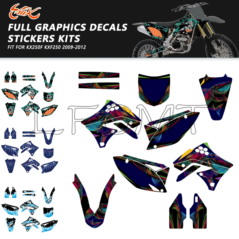 Motorcycle Fairing Graphics Background Decals Sticker Fit for Kawasaki KX250F KXF 250 KX 250F 2009 2010 2011 2012 Custom Number