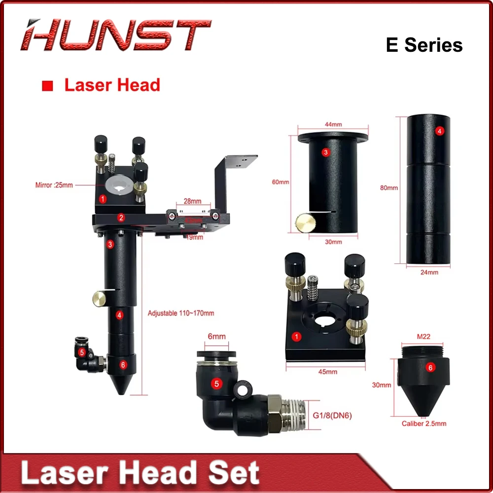 

HUNST E Series Black CO2 Laser Head Set 1Pcs Focusing Lens 3pcs Silicon/Molybdenum Mirrors for Cutting Machine Parts