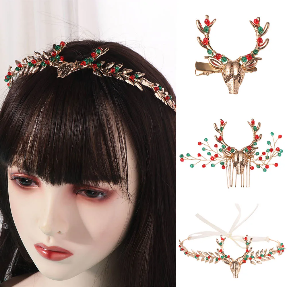 

Vintage Crystal Christmas Headband Hair Comb Crown Hairpin Set Headwear Jewelry Antlers Hairband Girl