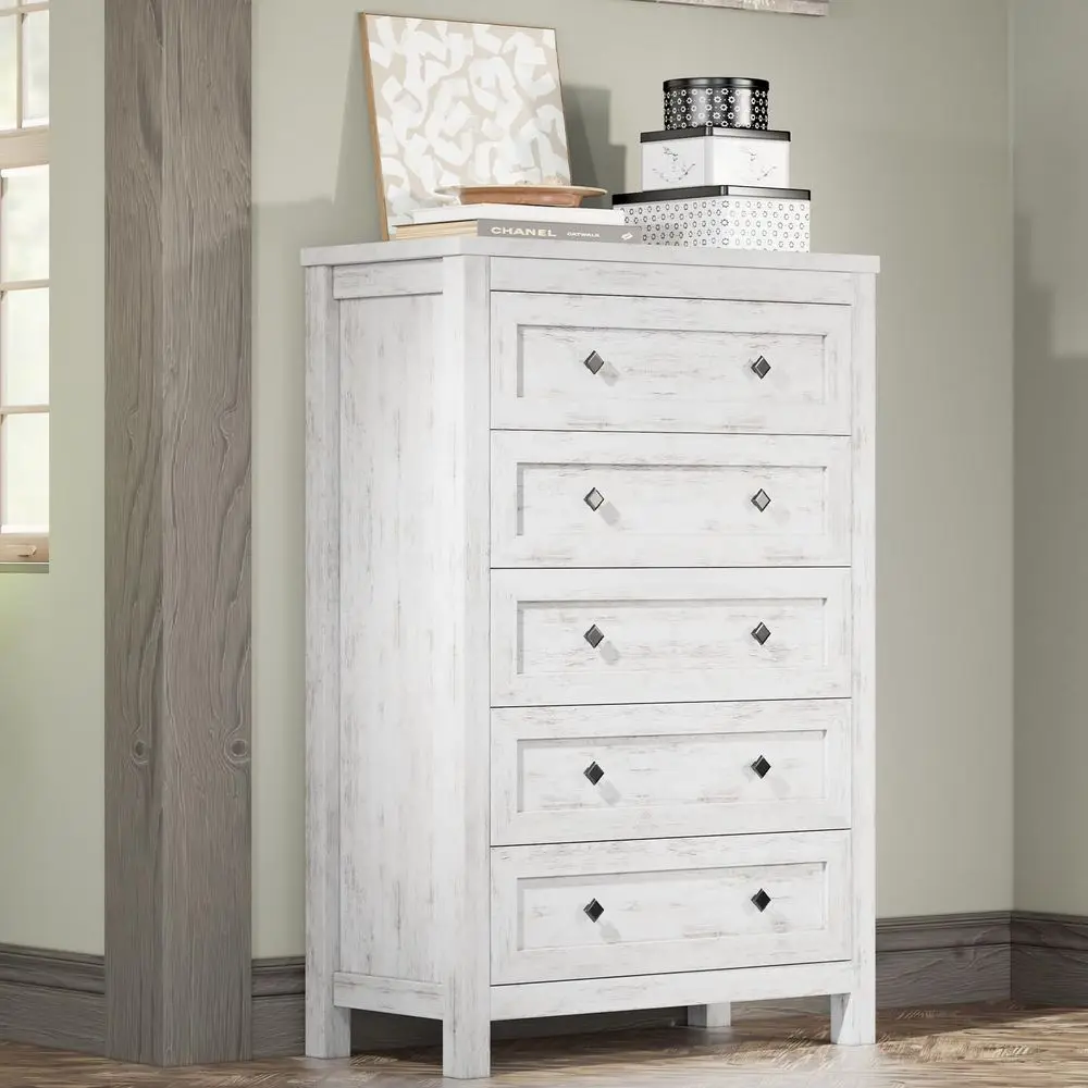 Farmhouse 5 Drawers Dresser for Bedroom, Wood 47 Tall Dresser for Closet, Natural Texture Chest of Drawers for Bedroom, Living R