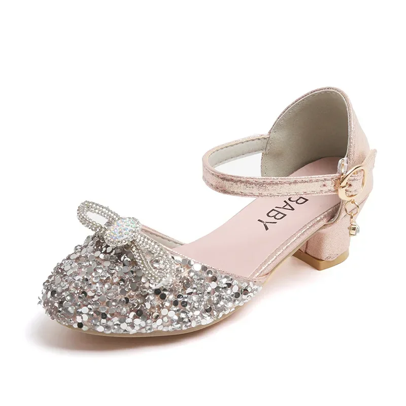 

Girls Shoes Spring Fashion Closed Toe Kids High Heel Sandals Rhinestone Bowknot Princess Shoes Sequin Children Party Dress Shoes