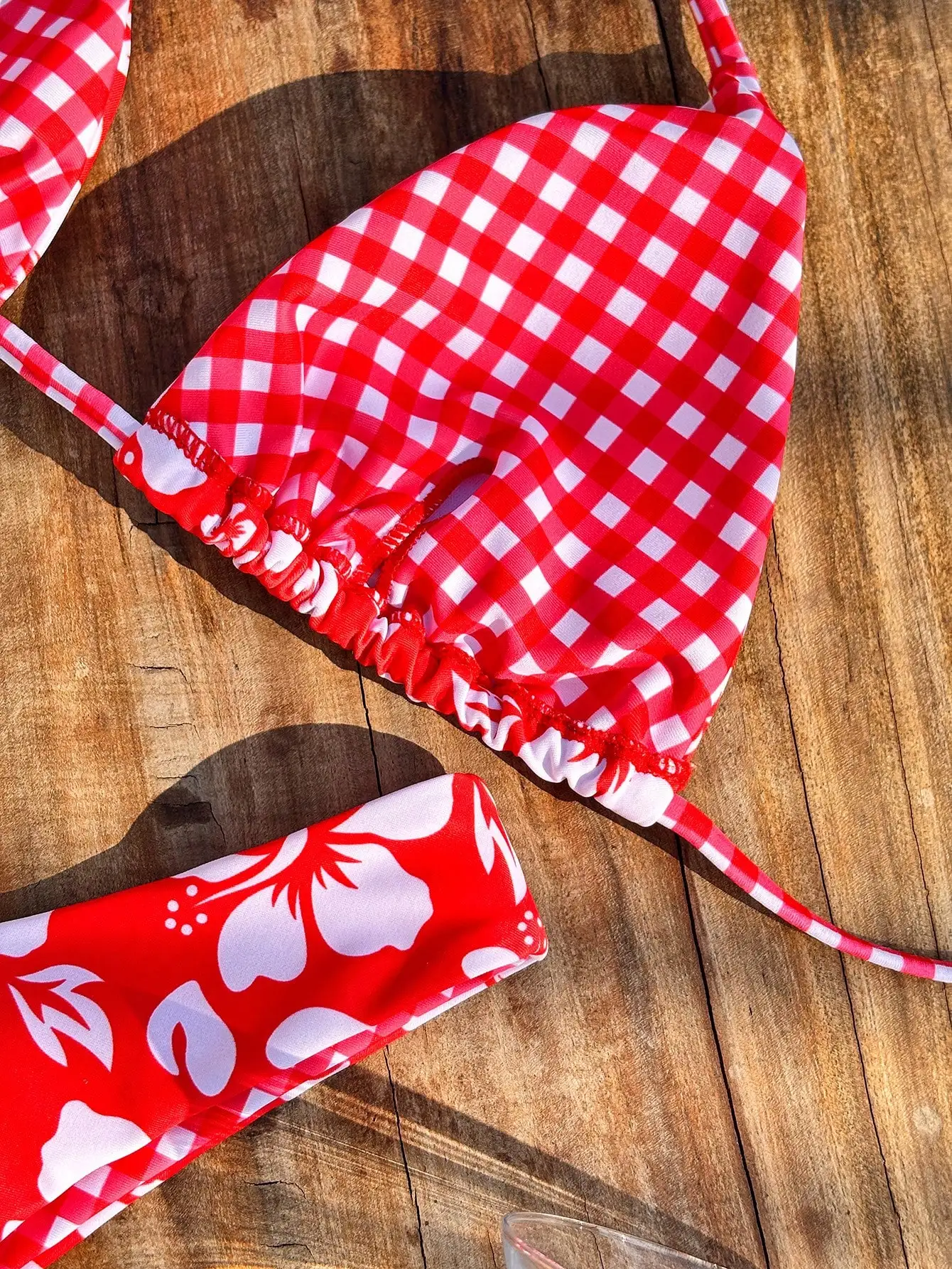Women's Bikini Swimwear, Cute Casual Plaid Hibiscus Pattern Beach Swimwear, Summer Red Fashion Set/Outerwear/Birthday