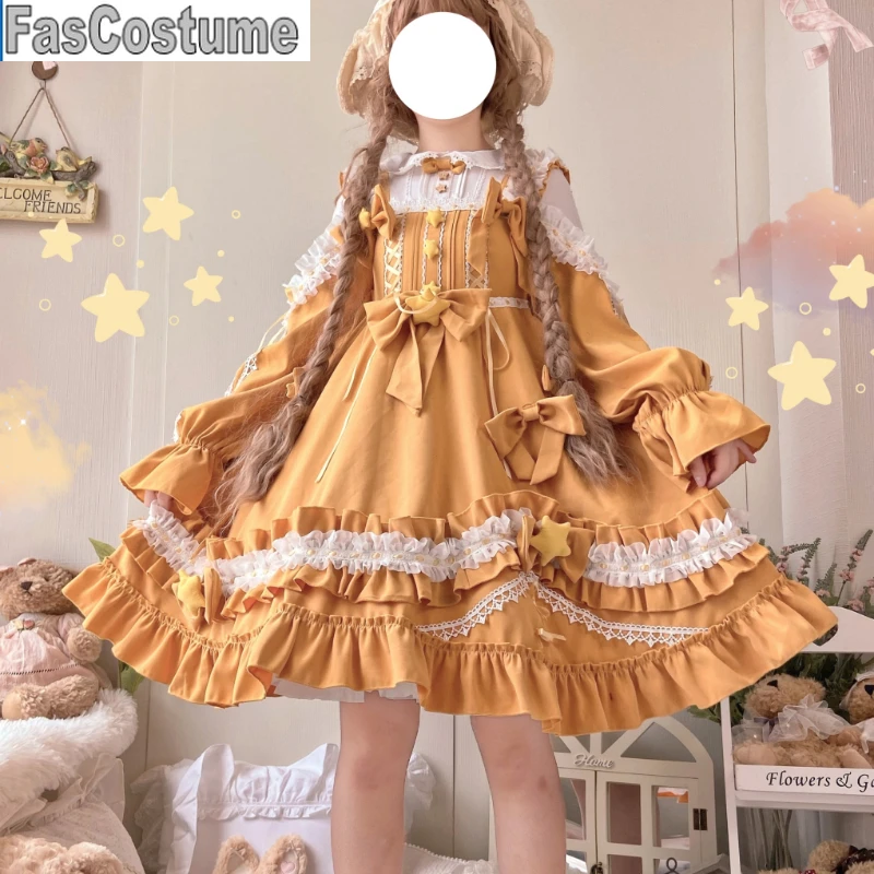 

Original Japanese Sweet Lolita Op Dress Women Cute Little Star Ruffles Long Sleeve Princess Dress Female Kawaii Tea Party Dress