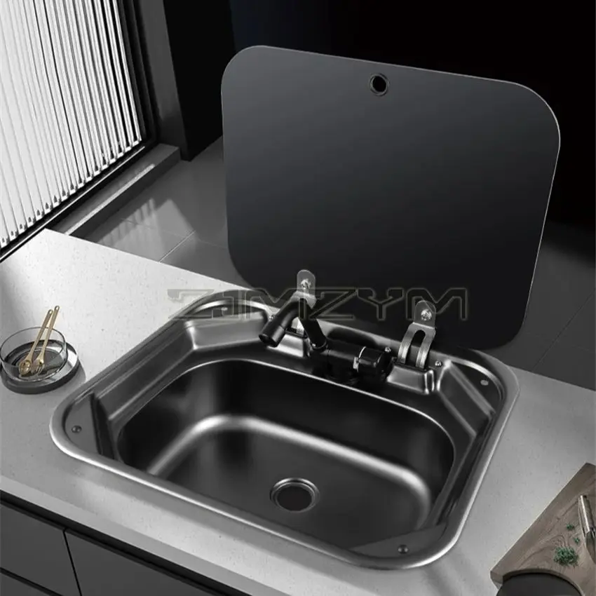 RV Sink With Lid Kitchen Sink 304 Stainless Steel Folding Flip Cover  Square Sink Modification view 3