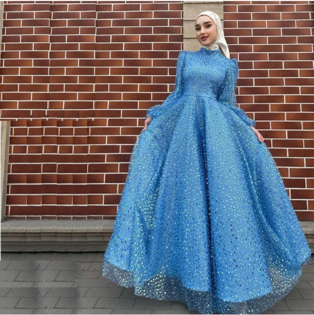 Vestido de fiesta de graduación para mujer, vestido de noche Formal, cuello alto, mangas largas, línea A, lentejuelas azules, clásico, musulmán, árabe, Dubái