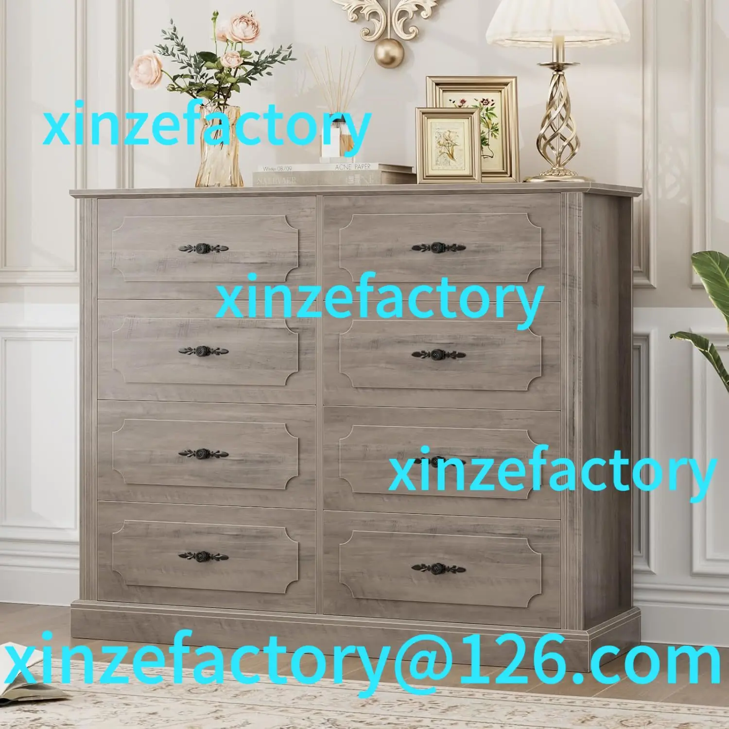

Customizable Grey Dresser Chest of Drawers, 47.2” Farmhouse Wood Dresser 8 with Steel Handles, Modern