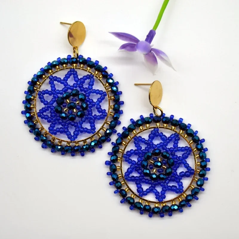 Beaded earrings Weave a dream web Female Fashion Hand knitting Bohemia Hollow out Royal blue Original Rice bead earrings
