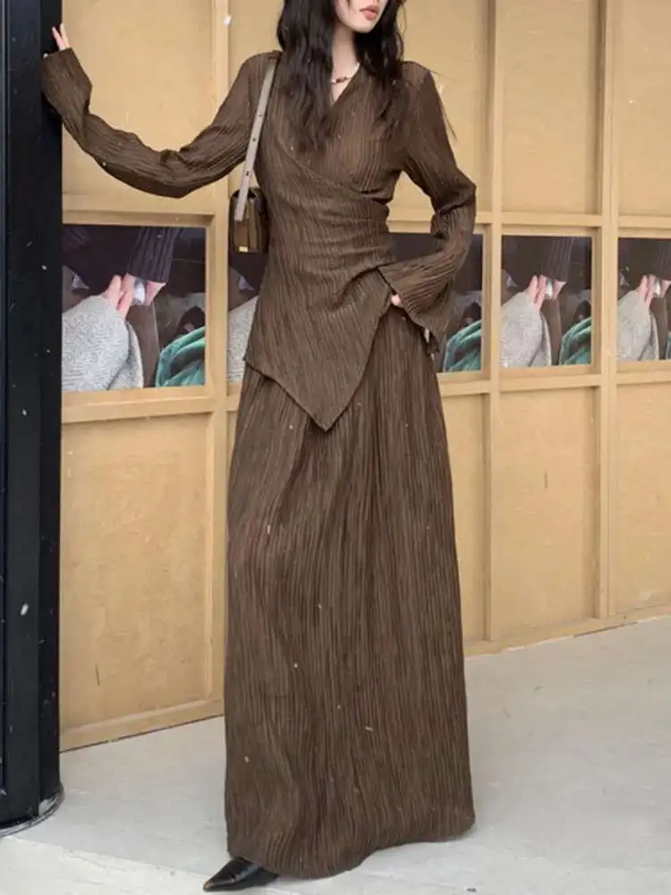 

BJTZ 2025 Women's Brown Dress Set Casual Pleated Waist Slimming Shirt High Waist Lacing Design Long Skirt Two-piece Set