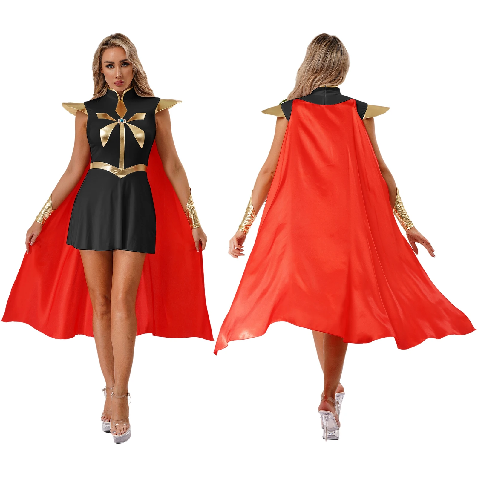 

Women Halloween Cosplay Warrior Princess Warrior Knight Cosplay Dress with Cloak And Oversleeve Sets for Themed Parties Uniforms