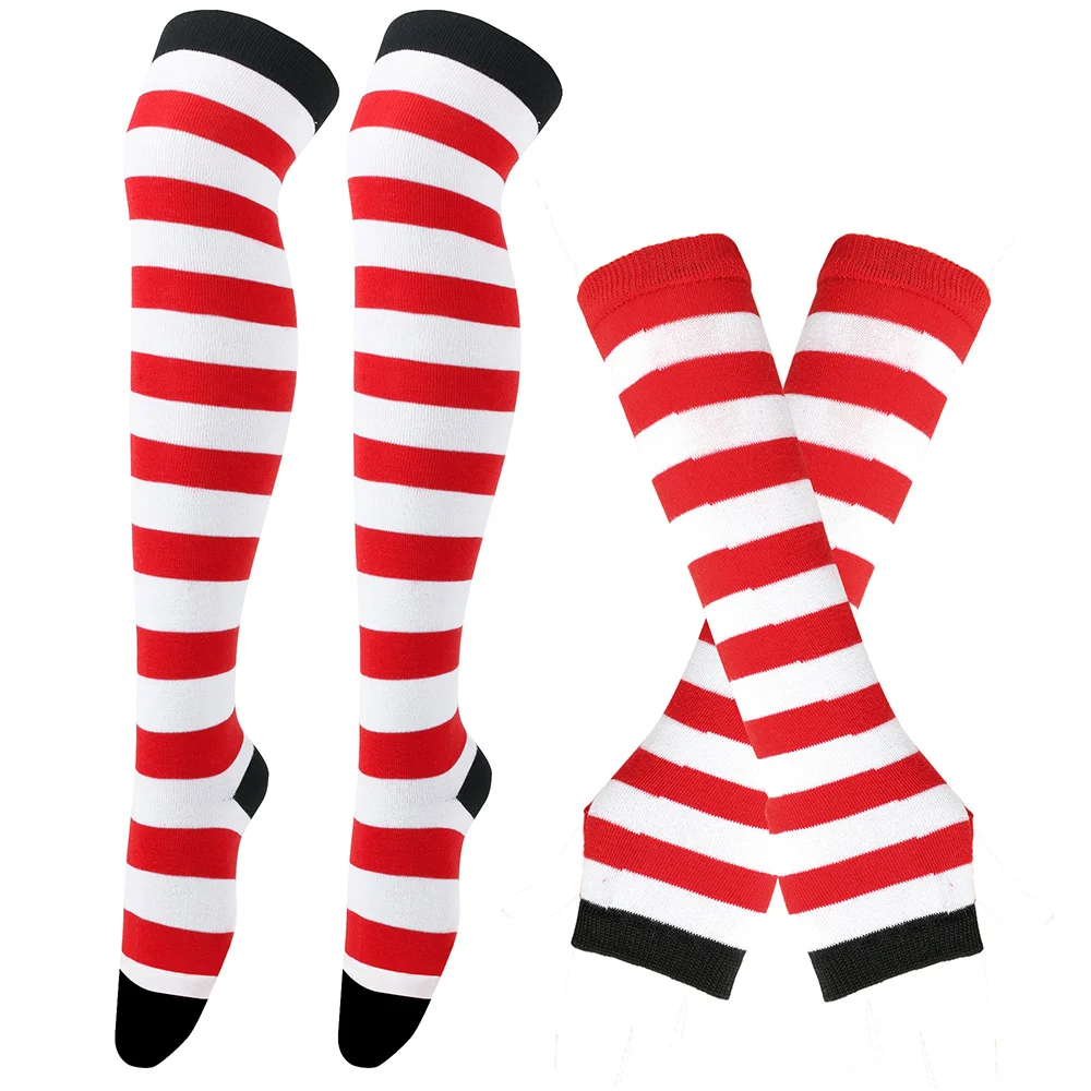 Chaussettes longues imprimées à rayures sur le genou pour femmes et filles, chaussettes hautes en coton pour Halloween, manches de bras, gants, grande taille