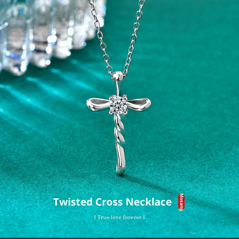 

S925 Sterling Silver Cross Necklace for Women, Luxury Style with Moissanite Pendant, Clavicle Chain, Versatile Silver Jewelry