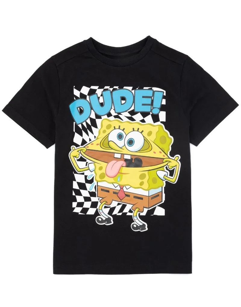 Summer Hot Selling SpongeBob SquarePants Cotton Cute Black Short Sleeved T-shirt, Adult and Children's Fashionable Sportswear