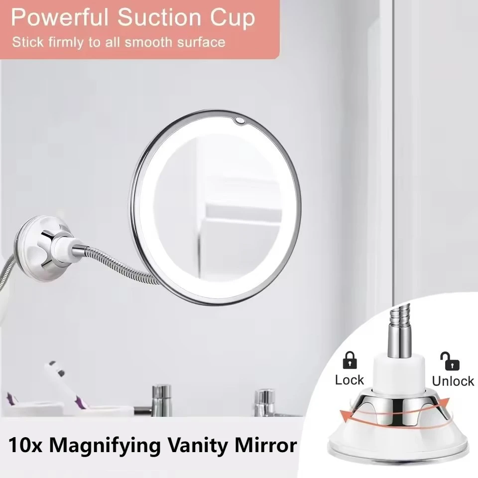 

10-кратное увеличительное косметическое зеркало с подсветкой, сенсорный экран, светодиодное освещение, лампа для макияжа, нижняя присоска, гибкий портативный дизайн