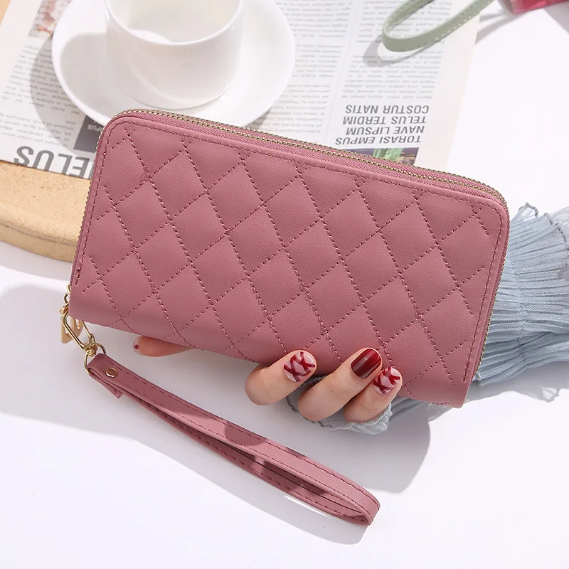 New Large Capacity Women Long Wallet Pu Leather Double Zipper Coin Purse Card Holder Cellphone Wallet Ladies Clutch with Wristle