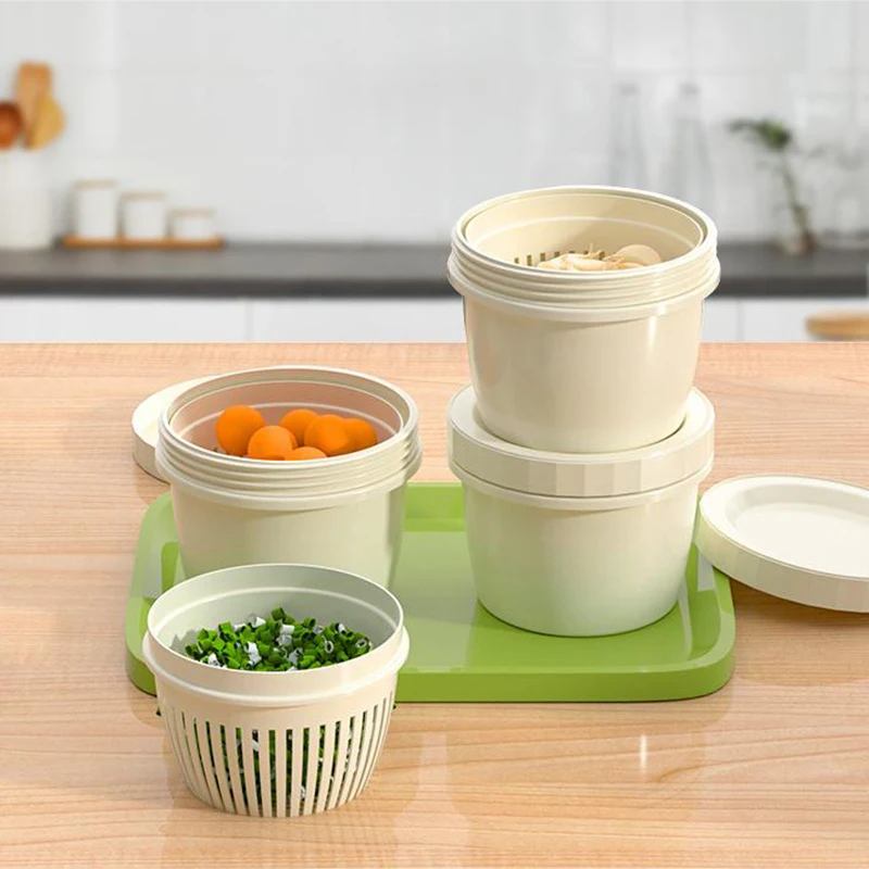 Refrigerator Crisper Ginger Garlic Green Onion Storage Box Household Portable Round Transparent Draining Double-layer Sealed Box