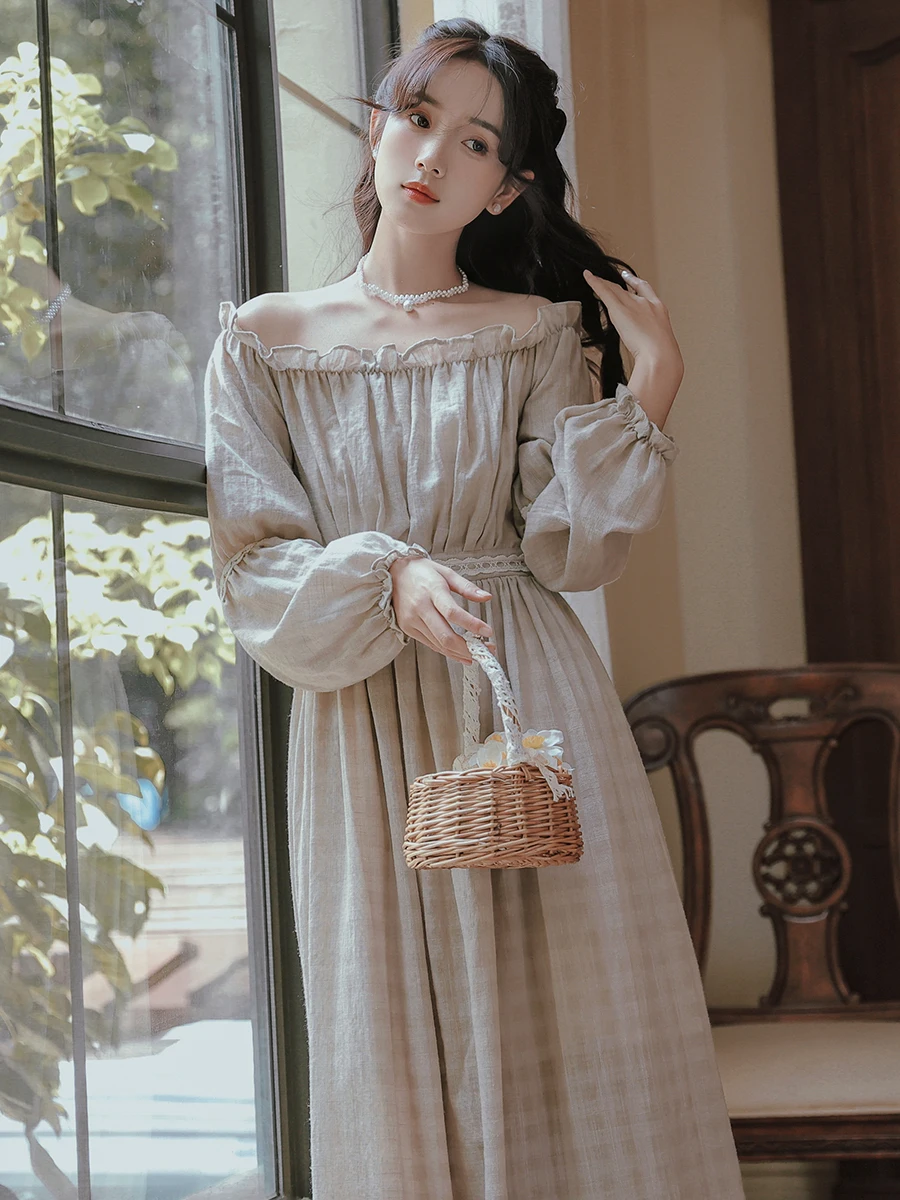 Medieval Cotton Linen Dress Woman Vintage Classical French Style Prairie Chic Mori Girl Lawn Dresses Retro Vestido Festa Set