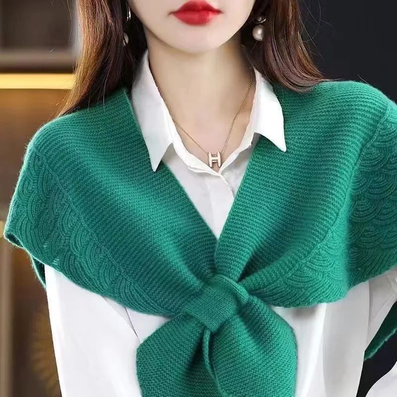 

2023 Autumn Winter Knitted Fan Fish Tail Pattern Shawl V Neck Base Outerwear Sweater Neck Support Air Conditioned Room Scarf