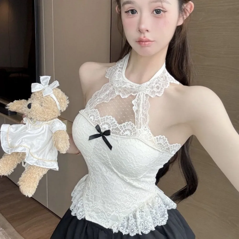 

Spicy Girl Style Hollow Lace Camisole Halter Top Bow Crop Tops Sleeveless Tanks Suspender Vest Women