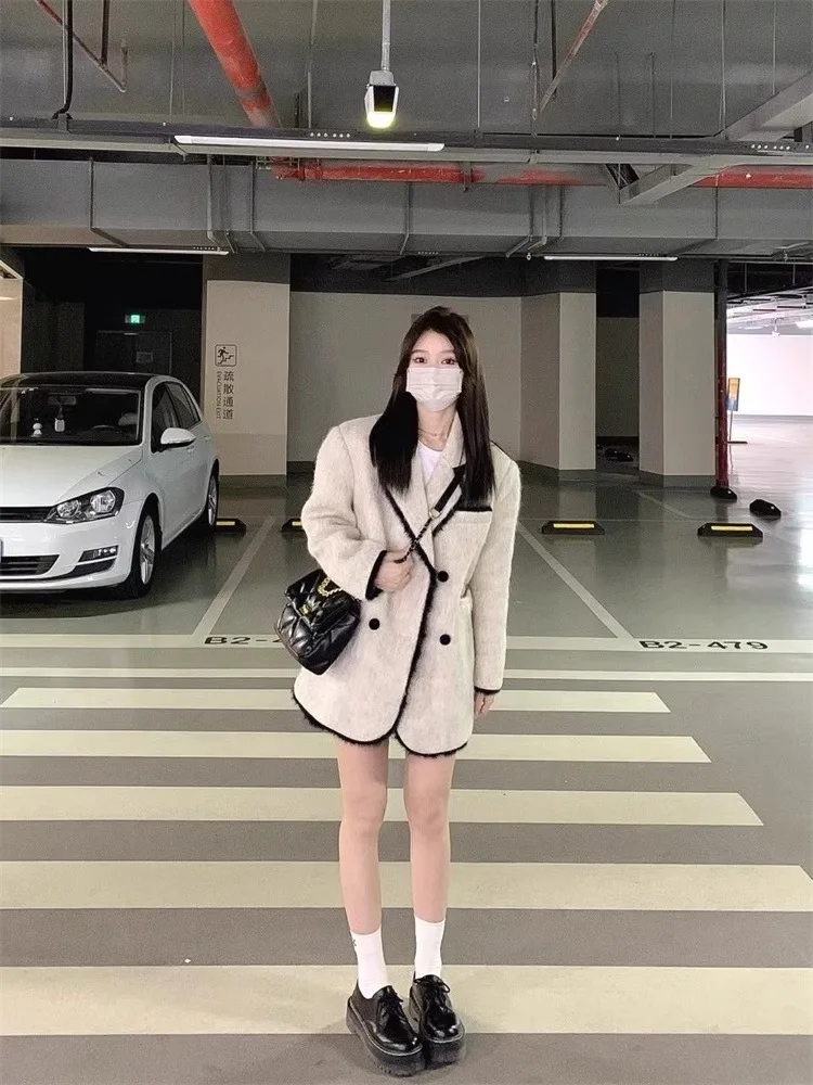 Żakiet tweedowy damski wiosenny vintage lniany streetwearowy elegancki z kokardą gładki tradycyjny minimalistyczny profesjonalny z kołnierzykiem