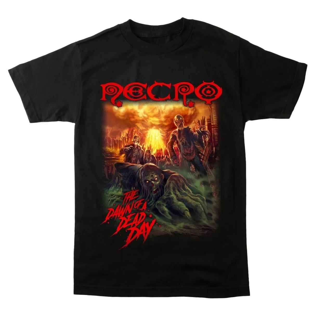 Necro T‑Shirt, Features Horde of Zombies in Burning Apocalyptic City Graphic, Fiery Horror Art for Underground Hip Hop Street