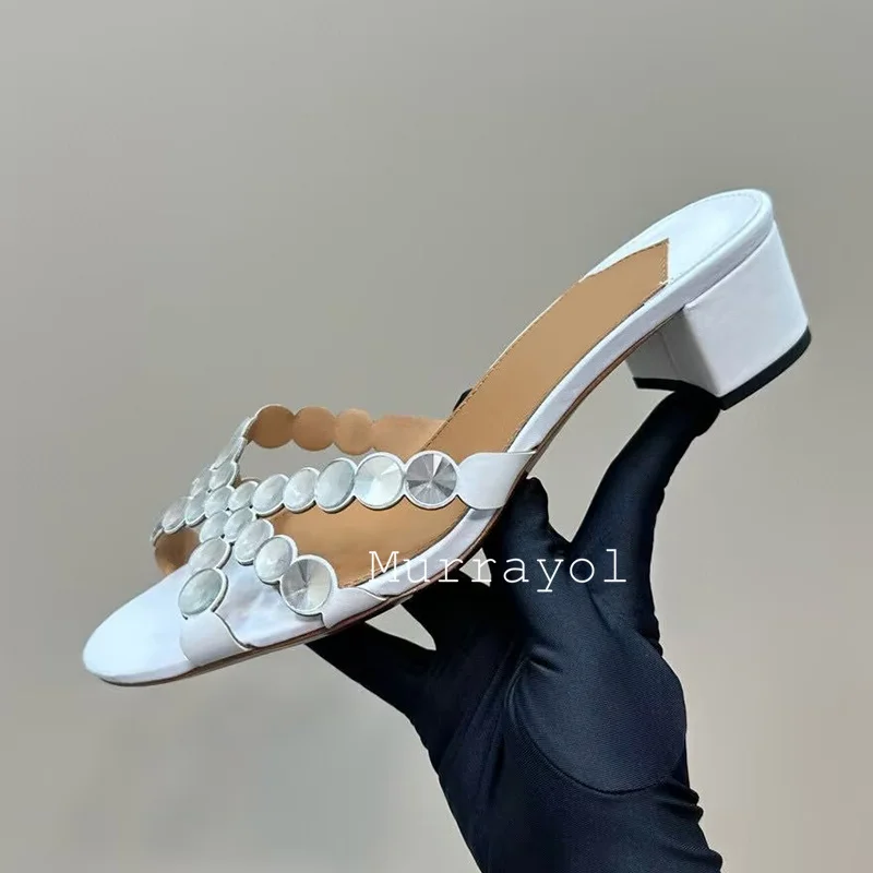 Rhinestone Decor Square Heels Slippers Women Open Toe Thin Band Cross Sandals Summer Sandy Beach Vacation Shoes Dress Shoes