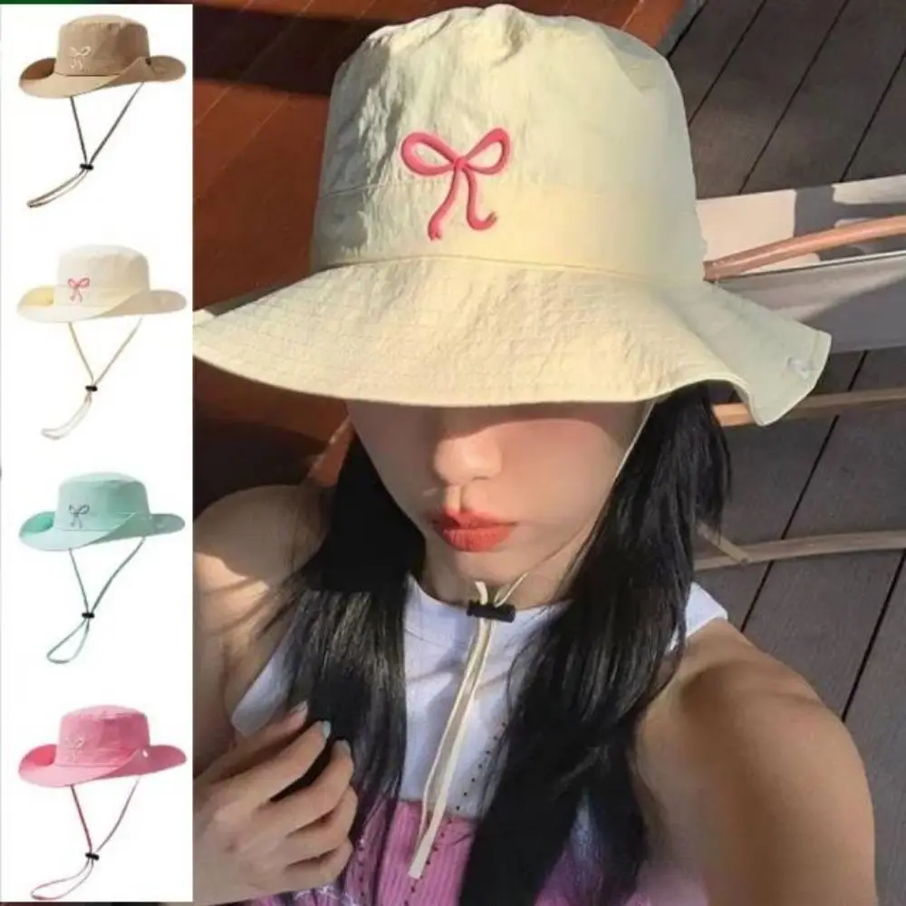 

Solid Color Quick-Drying Fisherman Hat, Small Fresh And Cute Bow Girl Hat, Summer Vacation Wide Brim Sun Protection Beach Hat