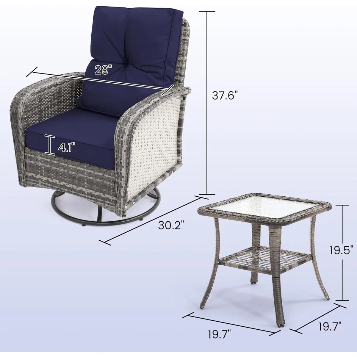 3 Pieces Patio Furniture Set, Outdoor Swivel Glider Rocker, Wicker Patio Bistro Set with Rattan Rocking Chair, Glass Top Table