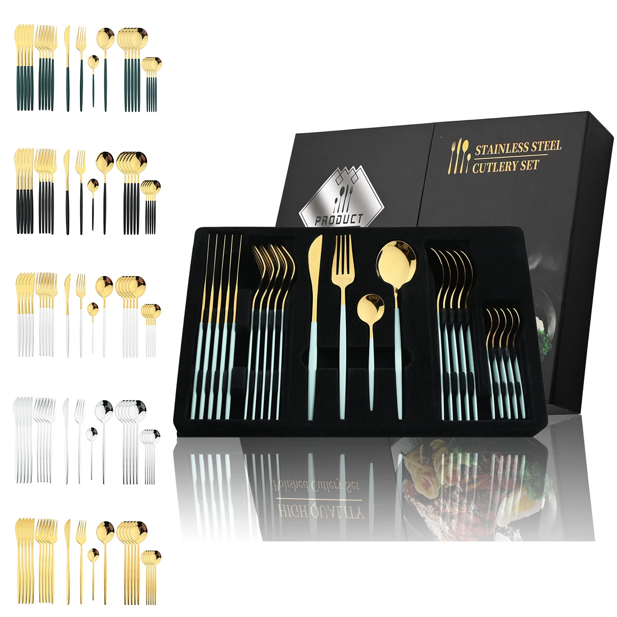 24Pcs Cutlery Set Stainless Steel Knife Fork Spoon Tableware Black Golden Flatware Set Festival Kitchen Dinnerware Gift