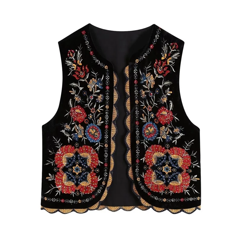 Indie Graphic Pattern Vest Sleeveless Open Front Embroidery Flower Outwear Gilet Casual Streetwear 90s Vintage Cropped Jacket