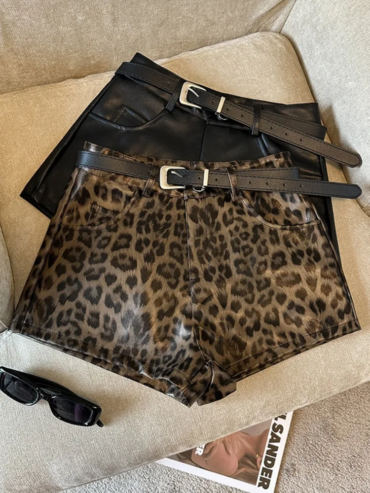 Korean Leopard Print Chic Pu Classic High Waist Simple Shorts for Women Autumn Vintage Fashion Casual Sexy Street Female Shorts