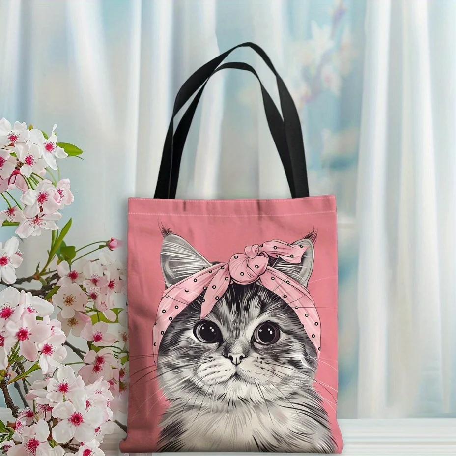 

1pc WhimsyCat Women'S Polyester Tote Bag, Cute Cat Print, Shoulder Bag for Shopping and Gifts