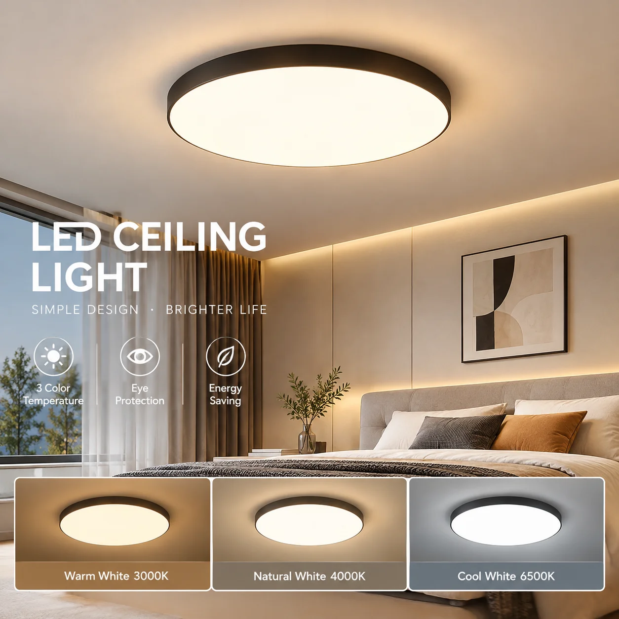 Intelligente LED-Deckenleuchte mit Fernbedienung, 3 Farben, dimmbare Deckenleuchten, ultradünne Panel-Lampen, Schlafzimmer, Küche, Deckenleuchte