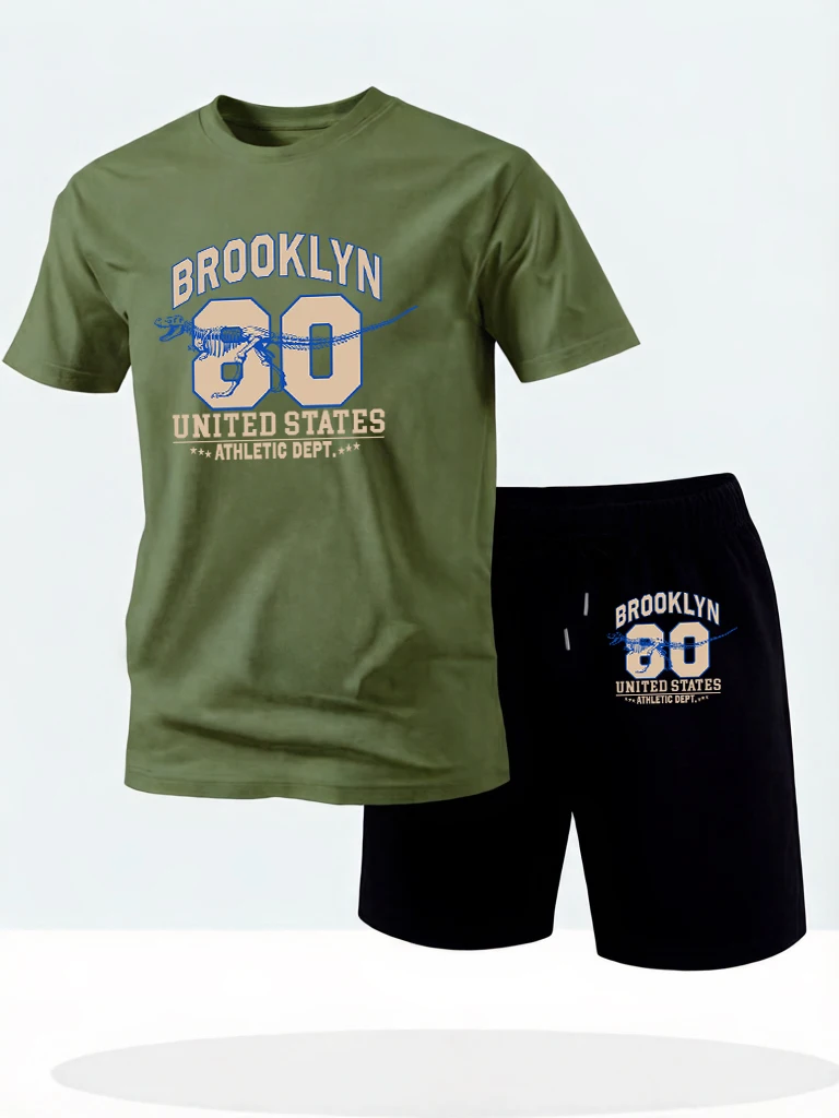 

Brooklyn United States Athletic Dept Pattern Pocket Loose Shorts Summer Simple T Shirt Man Set Cotton Breathable Street Clothing