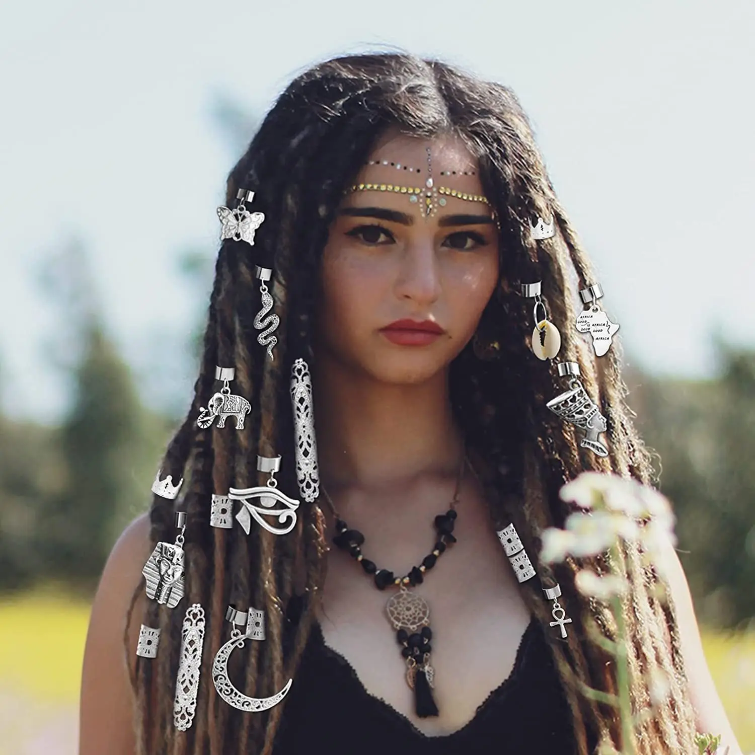 Set di anelli per capelli Dreadlock in metallo con foglie d'argento e luna da 107 pezzi/borsa, ideali per feste e banchetti