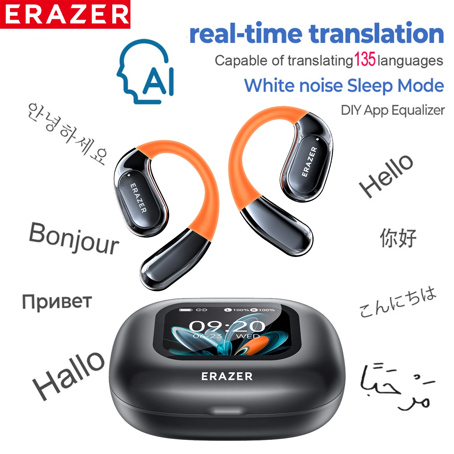 HTC NE27 Draadloze Hoofdtelefoon Bluetooth 5.4 AI Vertaler Oordopjes Glanzende Oorhaak Verbeterd LCD Touchscreen ENC Ruisonderdrukking