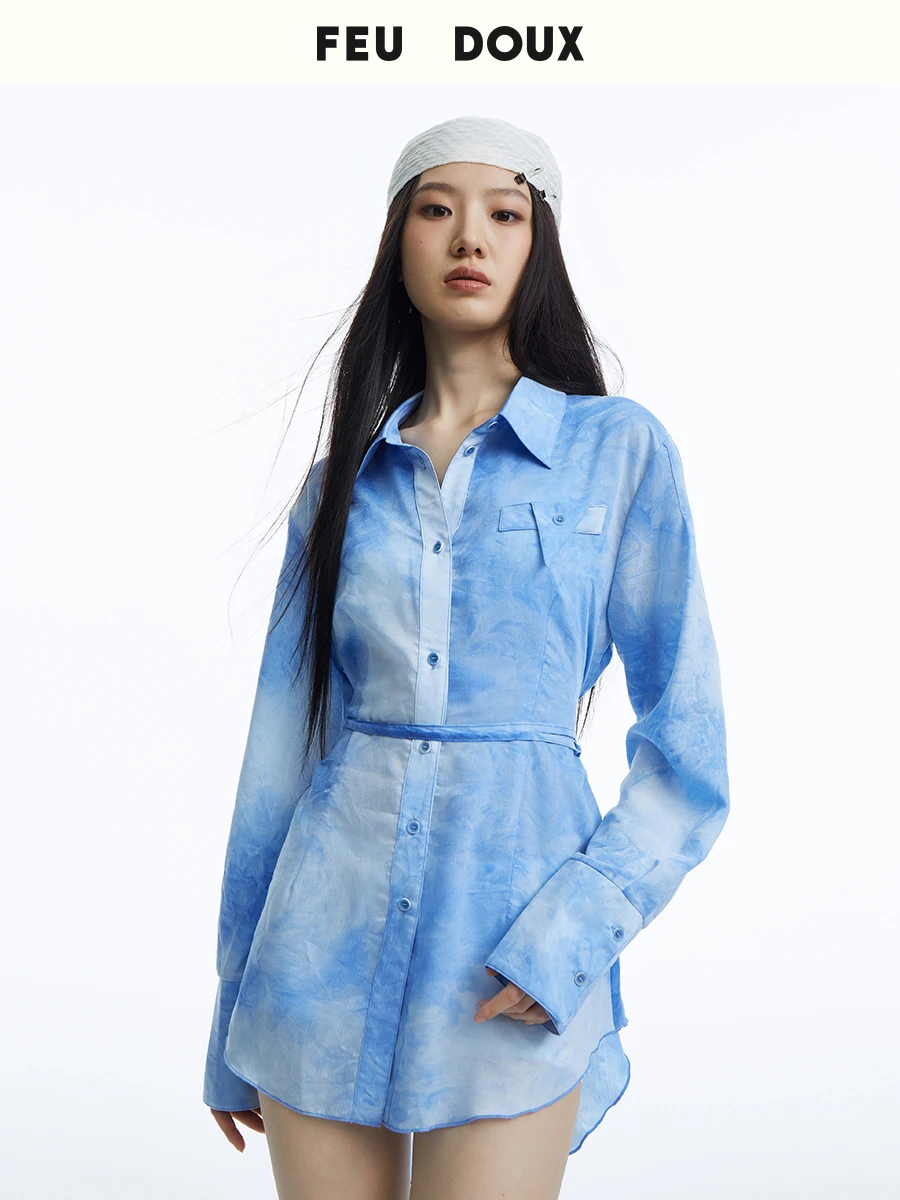 

Feu Doux Water Ink Blue Midi irt Dr Original Design Slim Fit Polyester Viscose Blend Summer Collection Turn down Collar